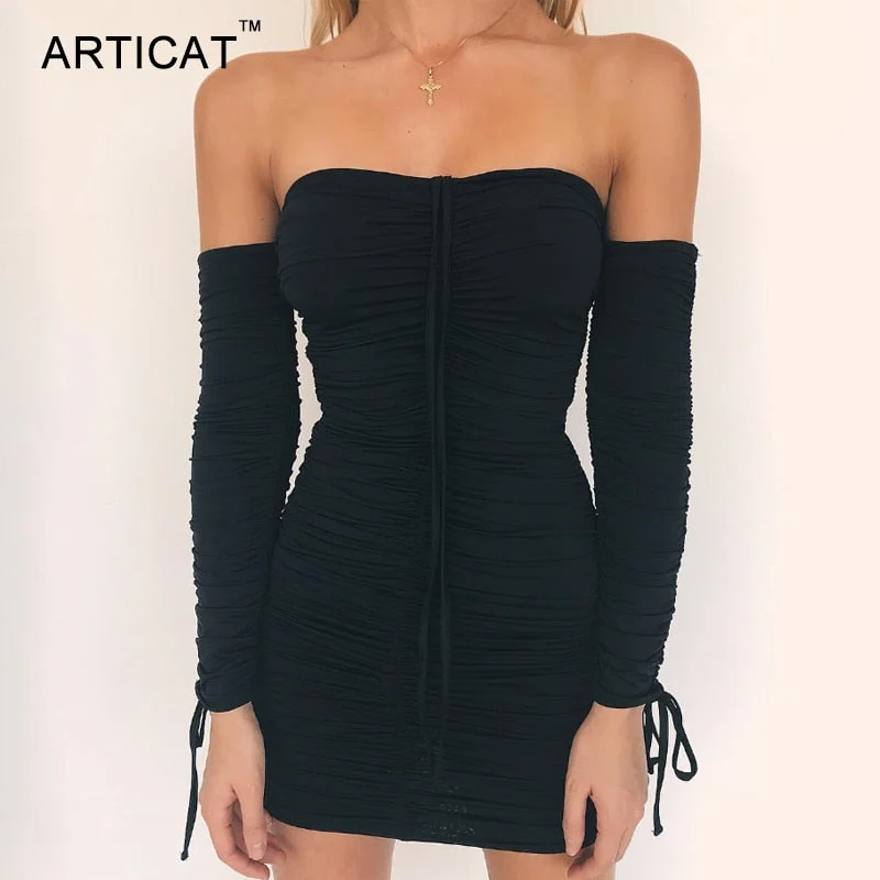 Articat Women Autumn Winter Bandage Dress Women 2020 Sexy Off Shoulder Long Sleeve Slim Elastic Bodycon Party Dresses Vestidos
