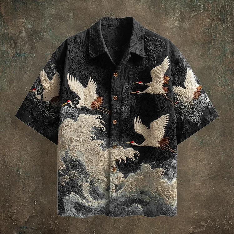 Japanese Wave & Crane Men's Casual Linen Short Sleeve Shirt