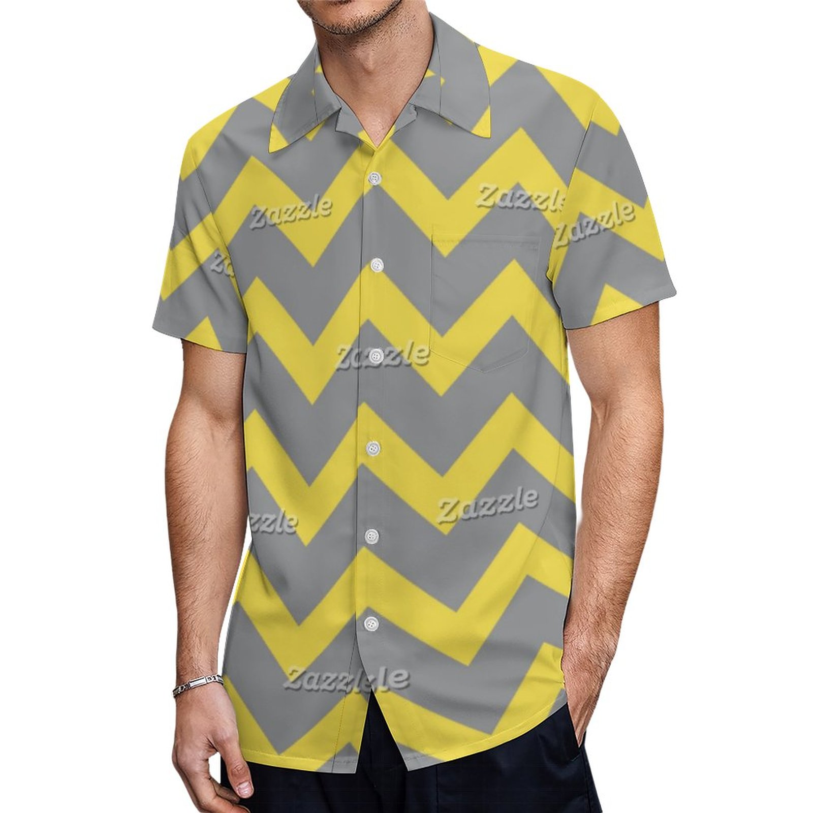 Chevron Ultimate Grey Illuminating Yellow Pattern Hawaiian Shirt Mens Button Down Tropical Hawaii Beach Shirts