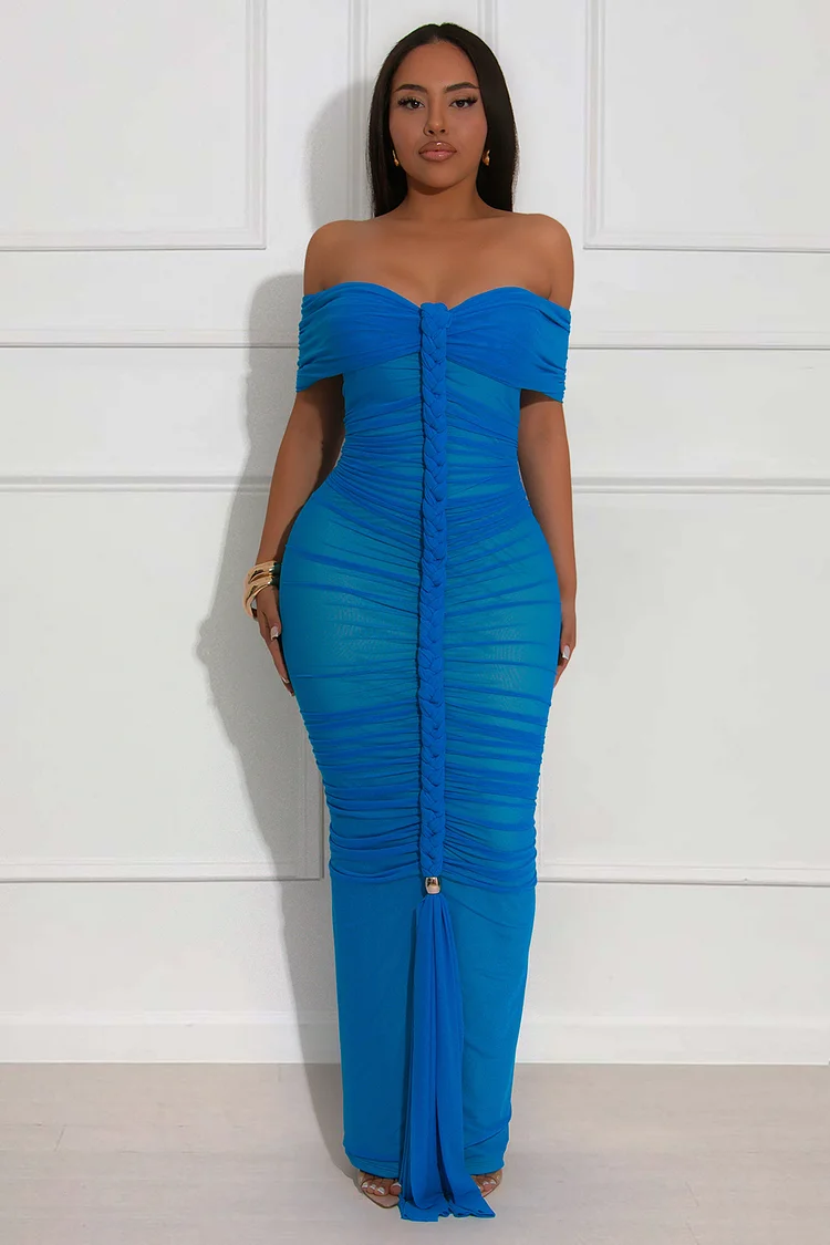 Off Shoulder Ruched Braid Slim-Fit Party Maxi Dresses-Blue