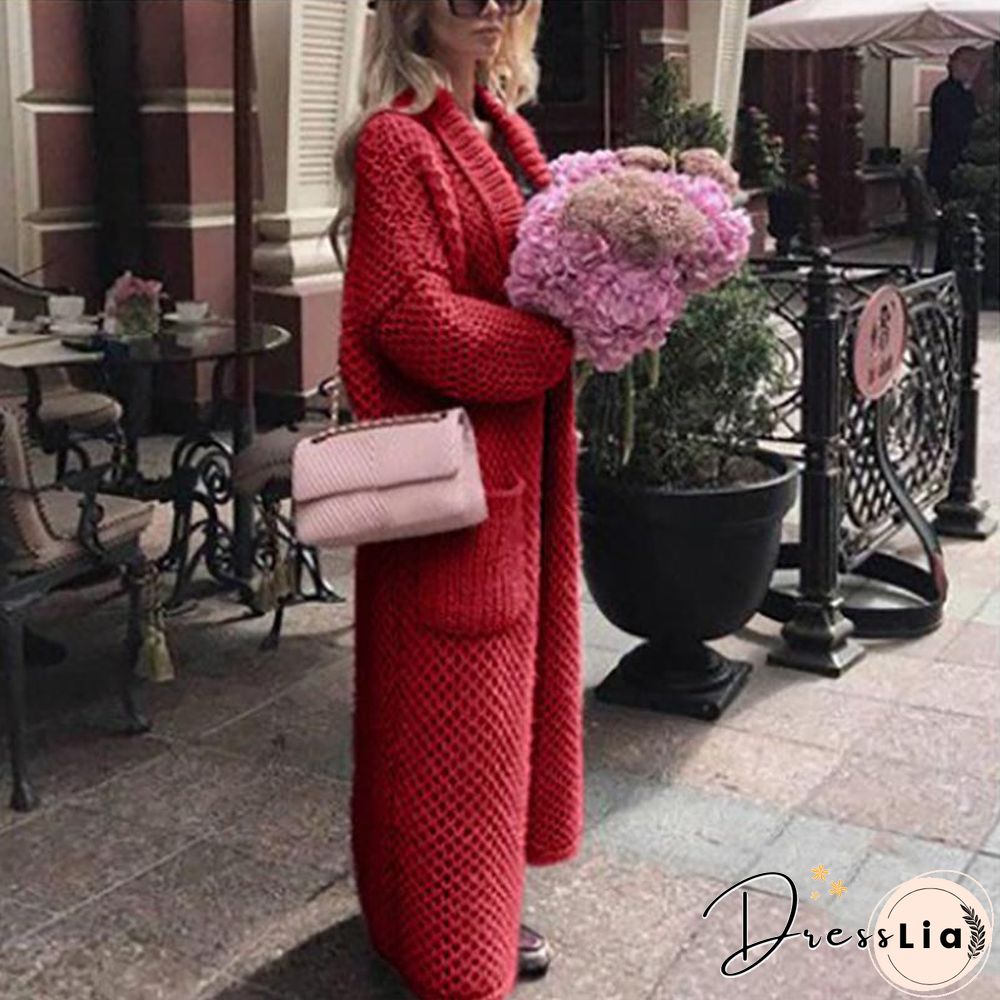 Winter Lapel Knitted Solid Color Long Oversize Sweater