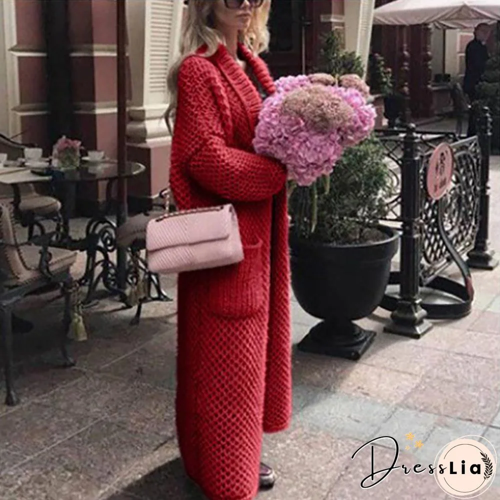 Winter Lapel Knitted Solid Color Long Oversize Sweater