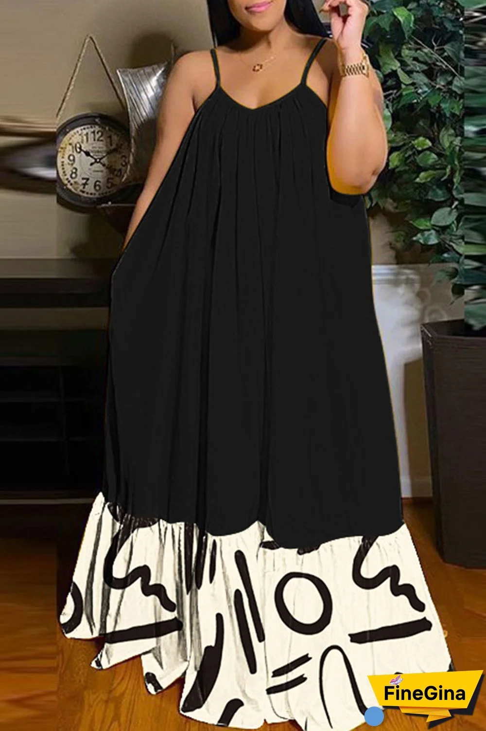 Black Brown Casual Street Print Patchwork Spaghetti Strap Sling Dress Dresses