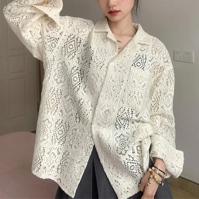 Zingj Zingj Hollow Out Shirt Coat Female Spring And Summer Korean Design Sense Small Sunscreen Shirt Loose Casual Long Sleeve Jacket