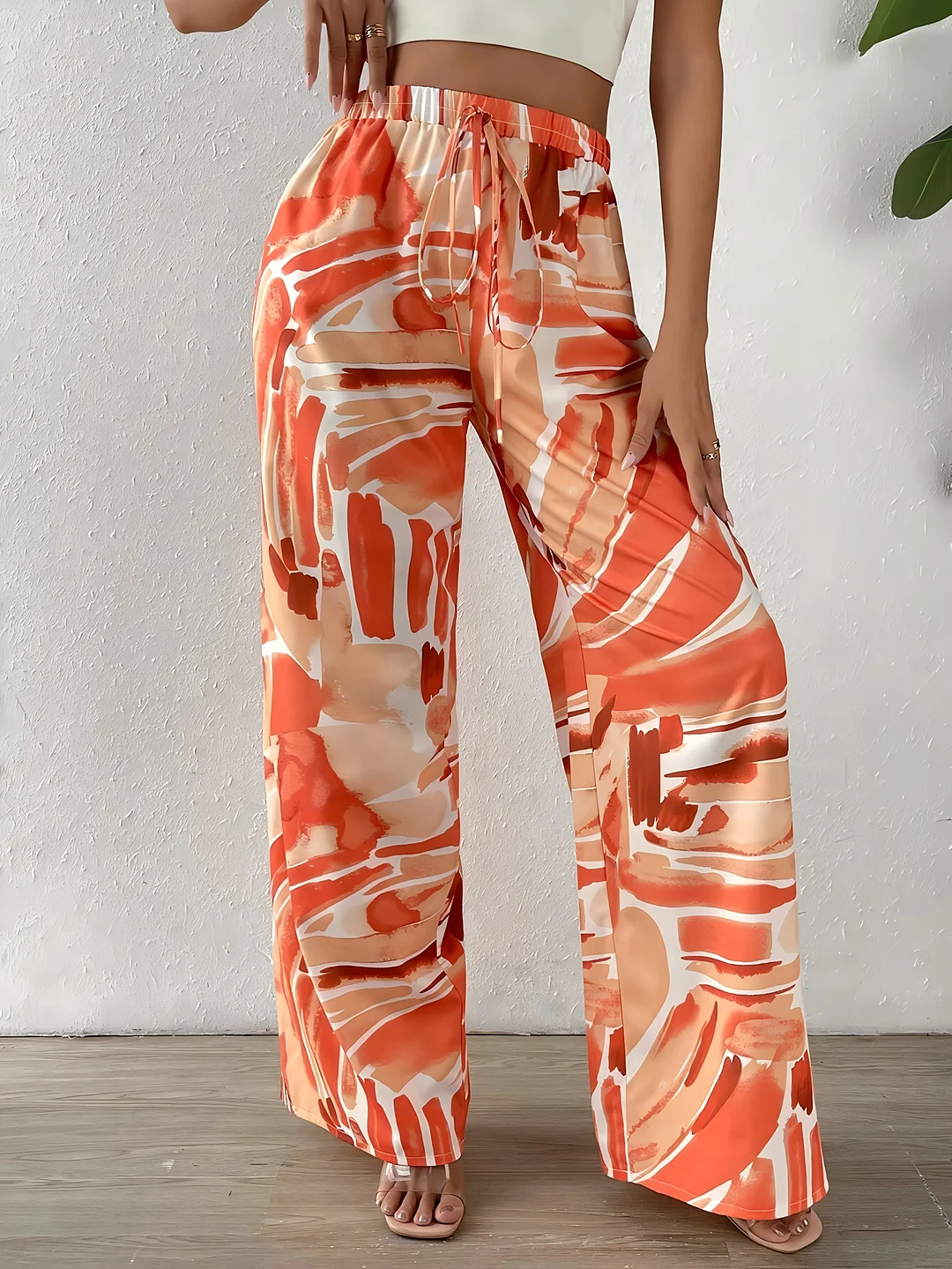 Women's Casual Summer Pants - Vibrant Orange & White Geometric Print, Straight Leg, Drawstring Waist, Perfect For Vacation & Relaxation, Relaxed Fit Pants | Vibrant Print Pants | Comfortable Fit Pants, Beach Clothe | IFYHOME