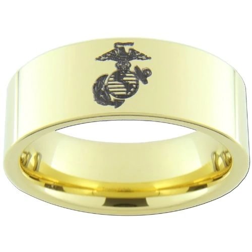 Women's or Men's U.S. Marines  USMC Marine Corps,14K Gold Plated Tungsten Carbide Wedding Band Rings,Military Wedding ring bands,Laser Etched United States Marines Logo With Mens And Womens For Width 4MM 6MM 8MM 10MM