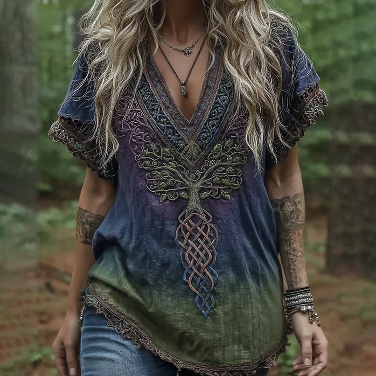 Women's Retro Viking Tree Of Life Lace Art Linen T-shirt