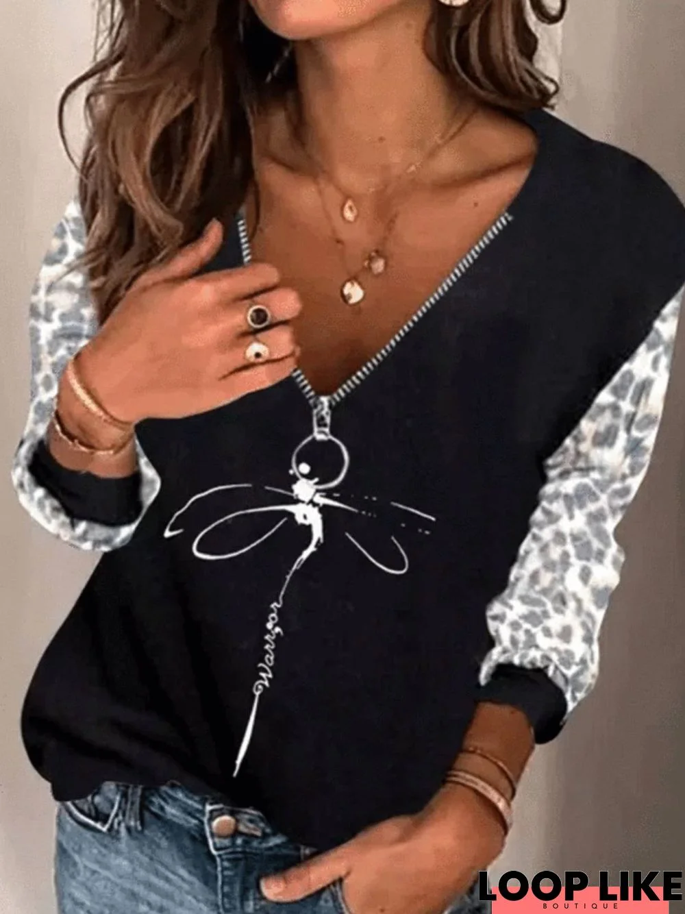 Casual Long Sleeve V Neck Printed Top