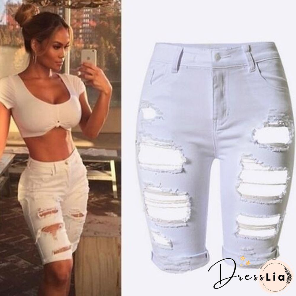 Women Casual Street Style Half Blue Denim Shorts Stretch Pants Slim Boyfriend Ripped Hole Jeans