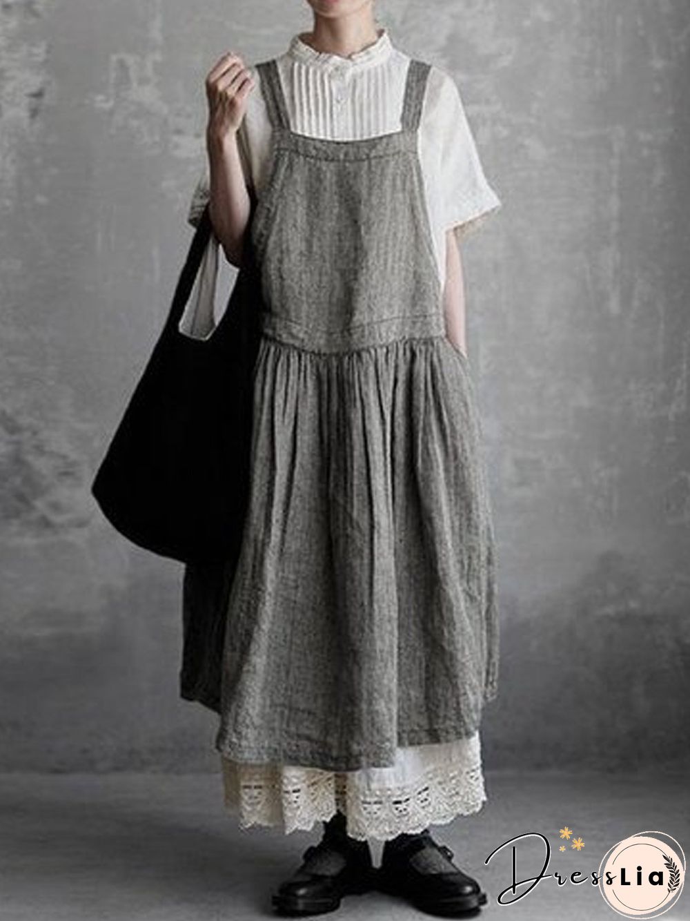 Square Neck Cotton-Blend Sleeveless Solid Weaving Dress
