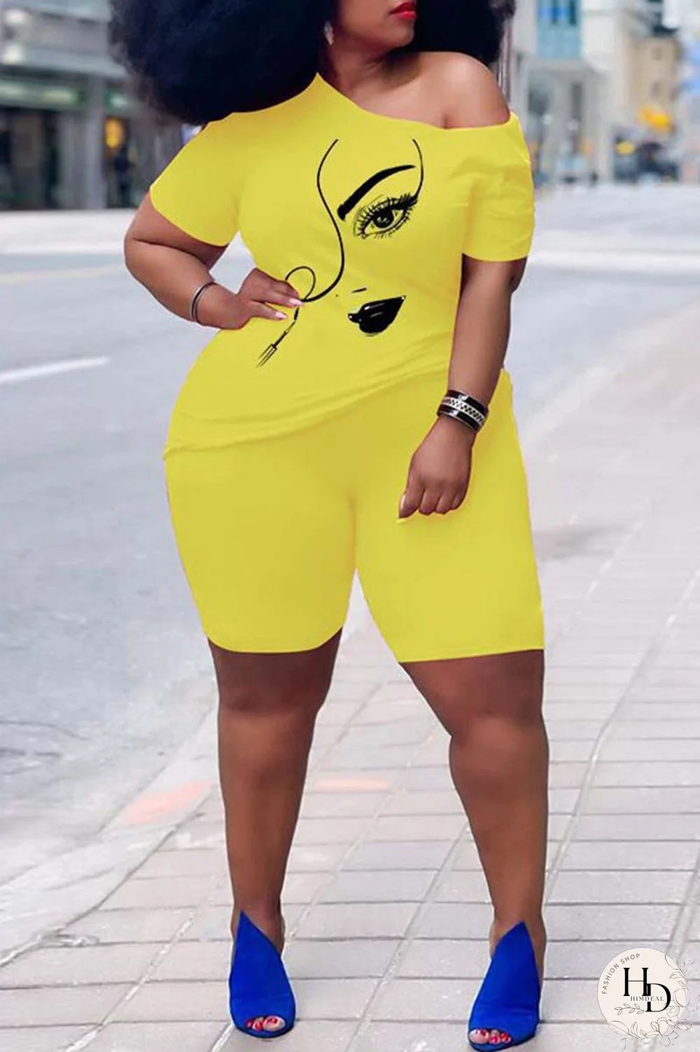 Rose Red Casual Print Basic Oblique Collar Short Sleeve Two Pieces