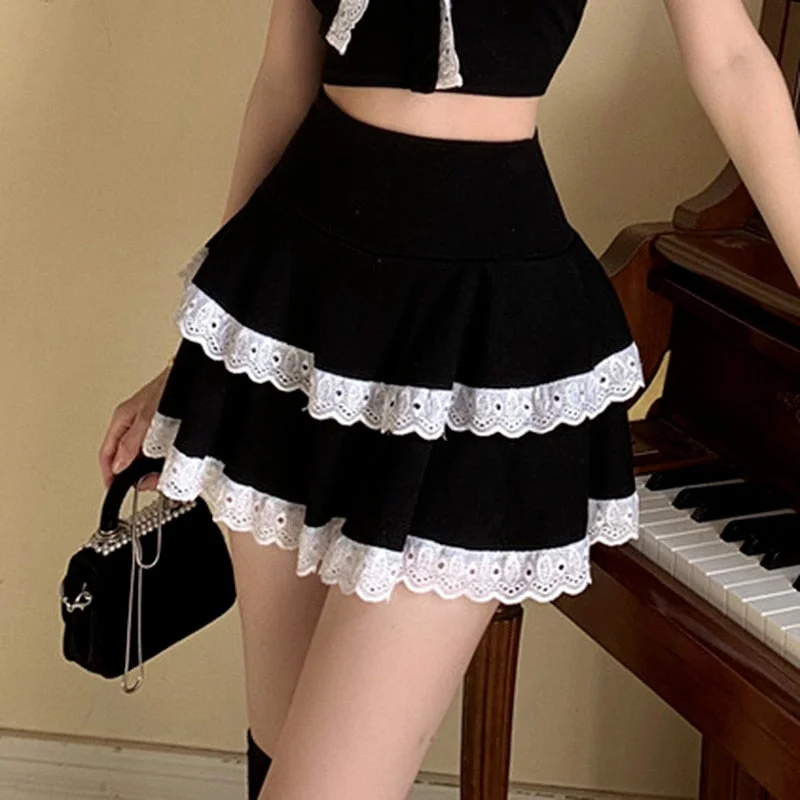 UForever21 Gothic Mini Skirts Women Lolita Style Harajuku Lace Ruffles JK Skirt Japanese Girls  Punk High Waist Tiered Skirt 2023 New