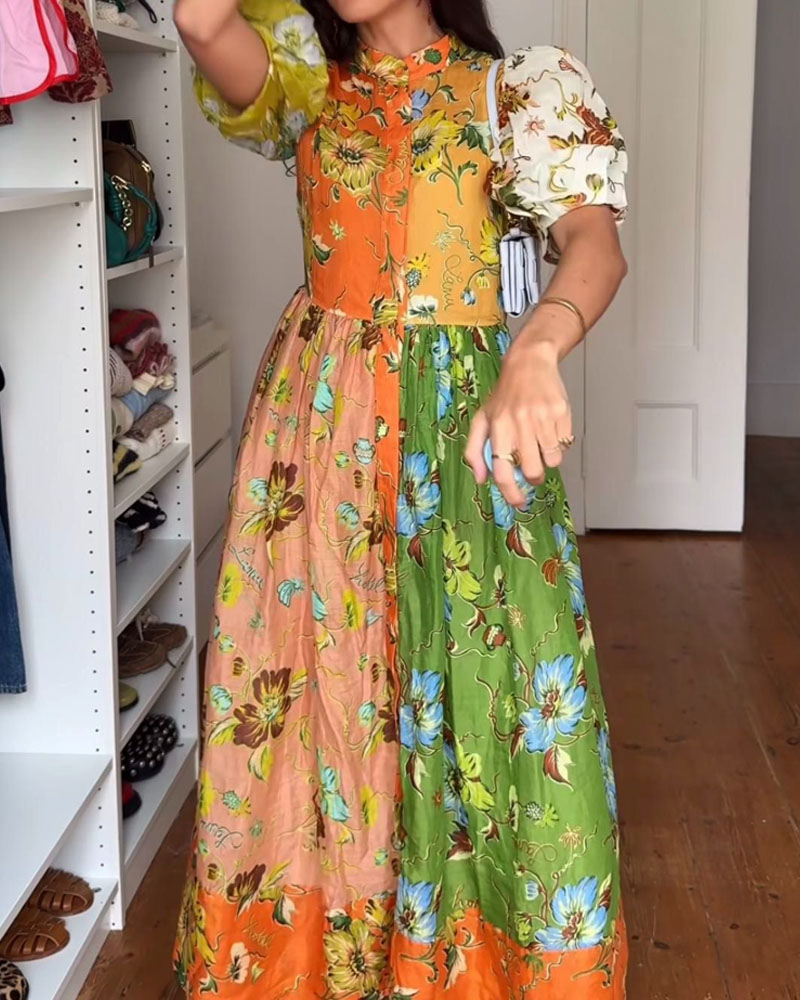 Elegant Short Sleeve Colorblock Printed Dress