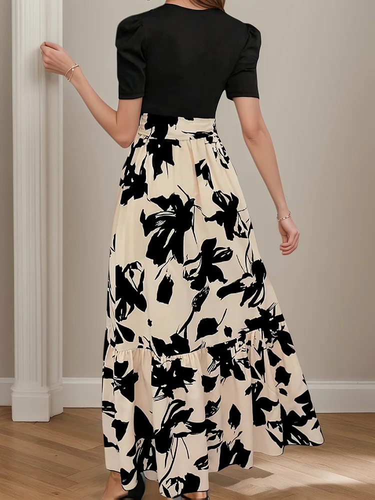 Women's Round Neck Floral Printed Dress Spring Summer Short Sleeve Vacation Style Elegant Midi A-Line Long Skirt