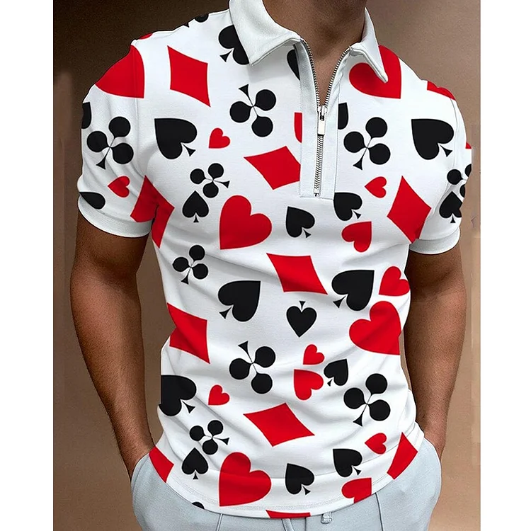 Playing Card Pattern Casual Short Sleeve Zipper Men's Polo Shirts Tops at Hiphopee