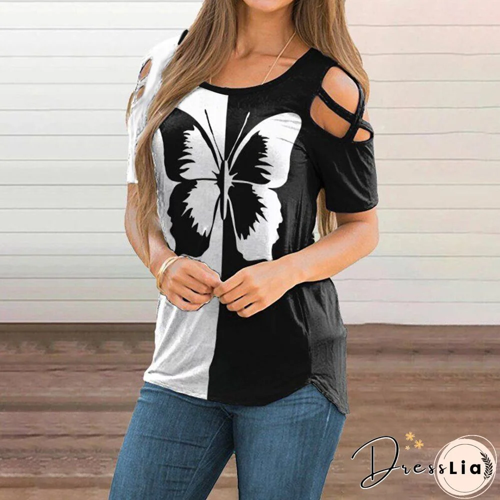 Summer Sexy Hollow Out Short Sleeve Blouses Shirt Casual O-Neck Pullover Tops Women Fashion New Butterfly Print Shirt Blusas D30