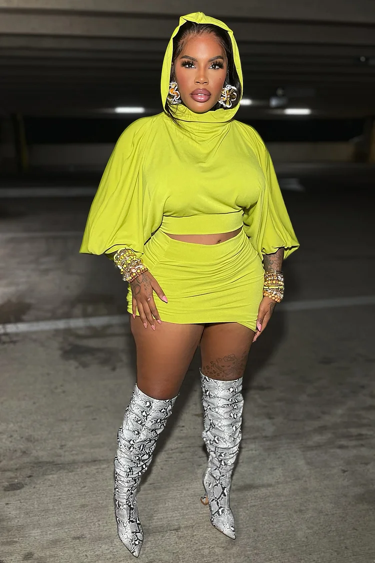 3/4 Sleeve Crop Hoodie Bodycon Mini Skirt Solid 2pcs Set-Green