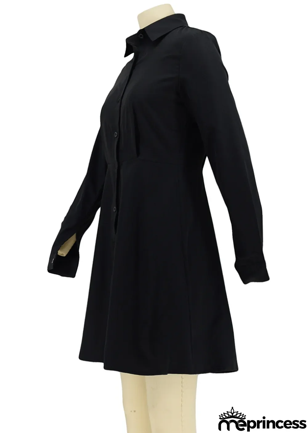 Autumn Black Ruffles Botton-Open Long Sleeve Shirt Dress