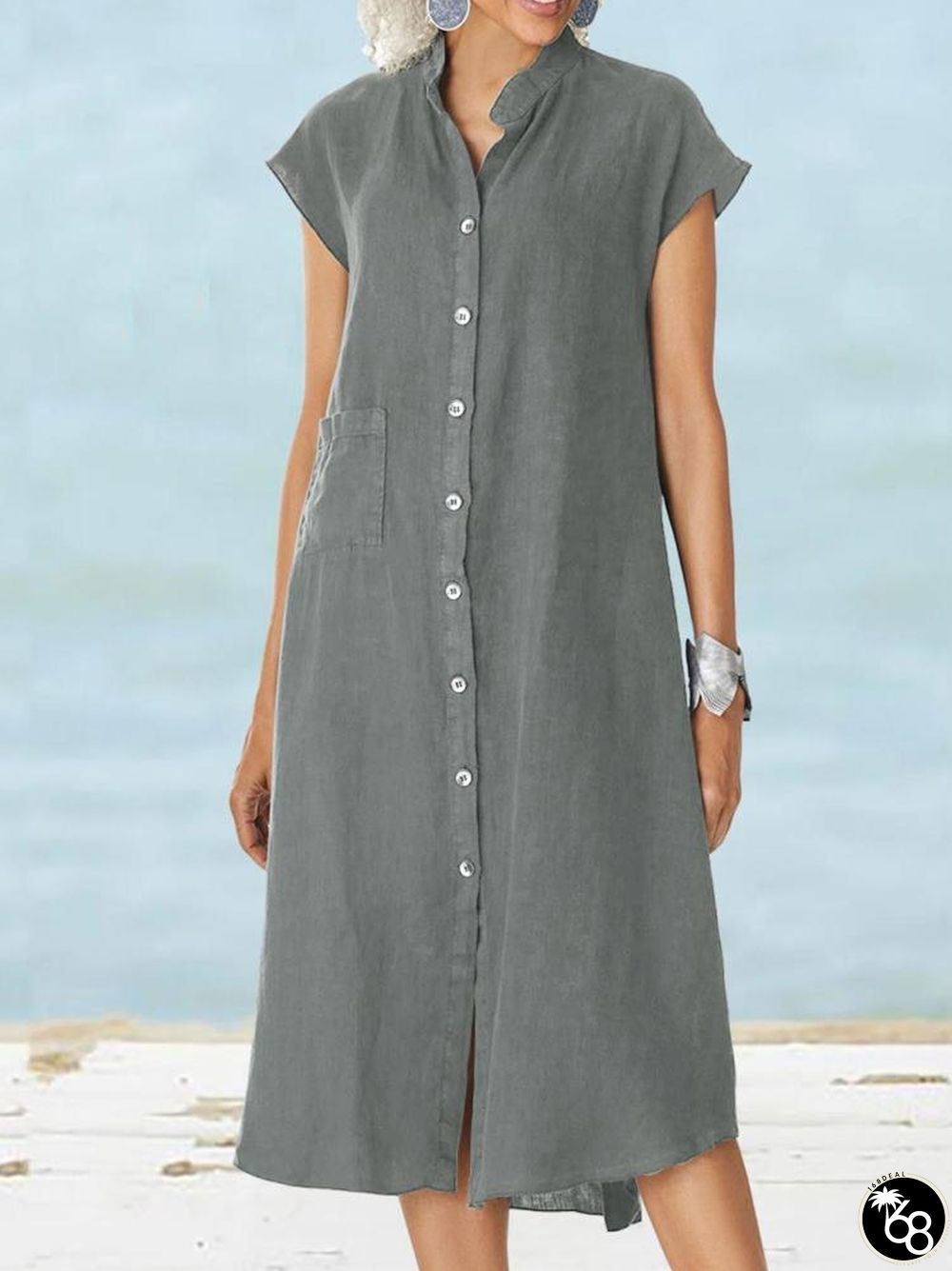 Stand Up Collar Button Down Cotton And Linen Dress With A Pocket | 168DEAL