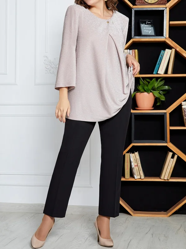 Round neck solid color long-sleeved trousers suit