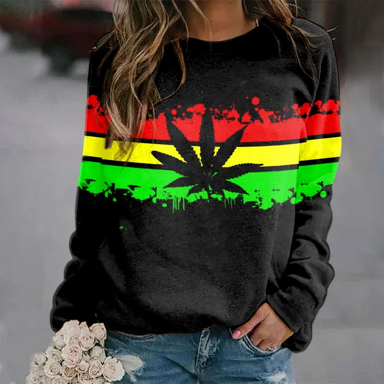 Vefave Vintage Reggae Leaf Print Sweatshirt