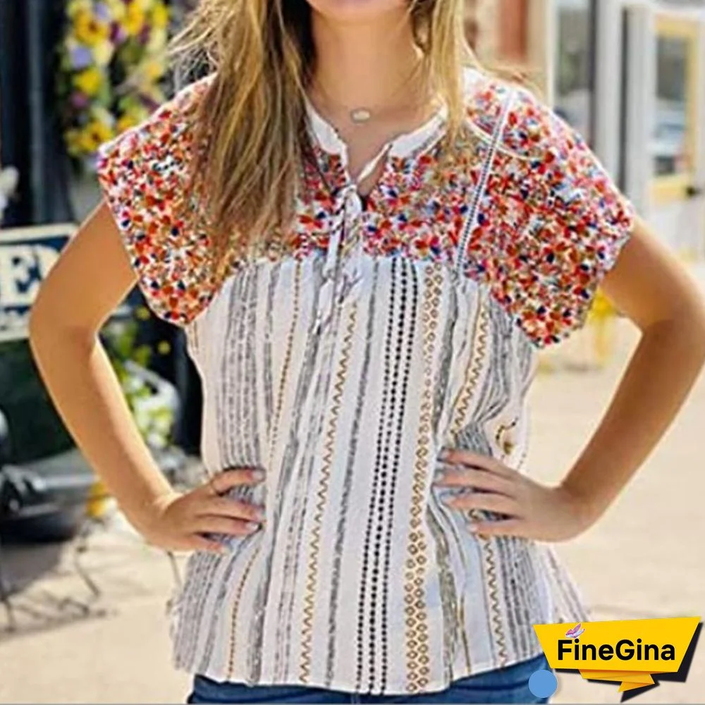 Floral Patched Knot Front Loose Shirt