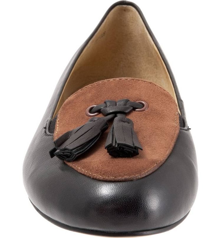 Black and Brown Round Toe Loafers for Women Tassel Comfortable Flats |FSJ Shoes