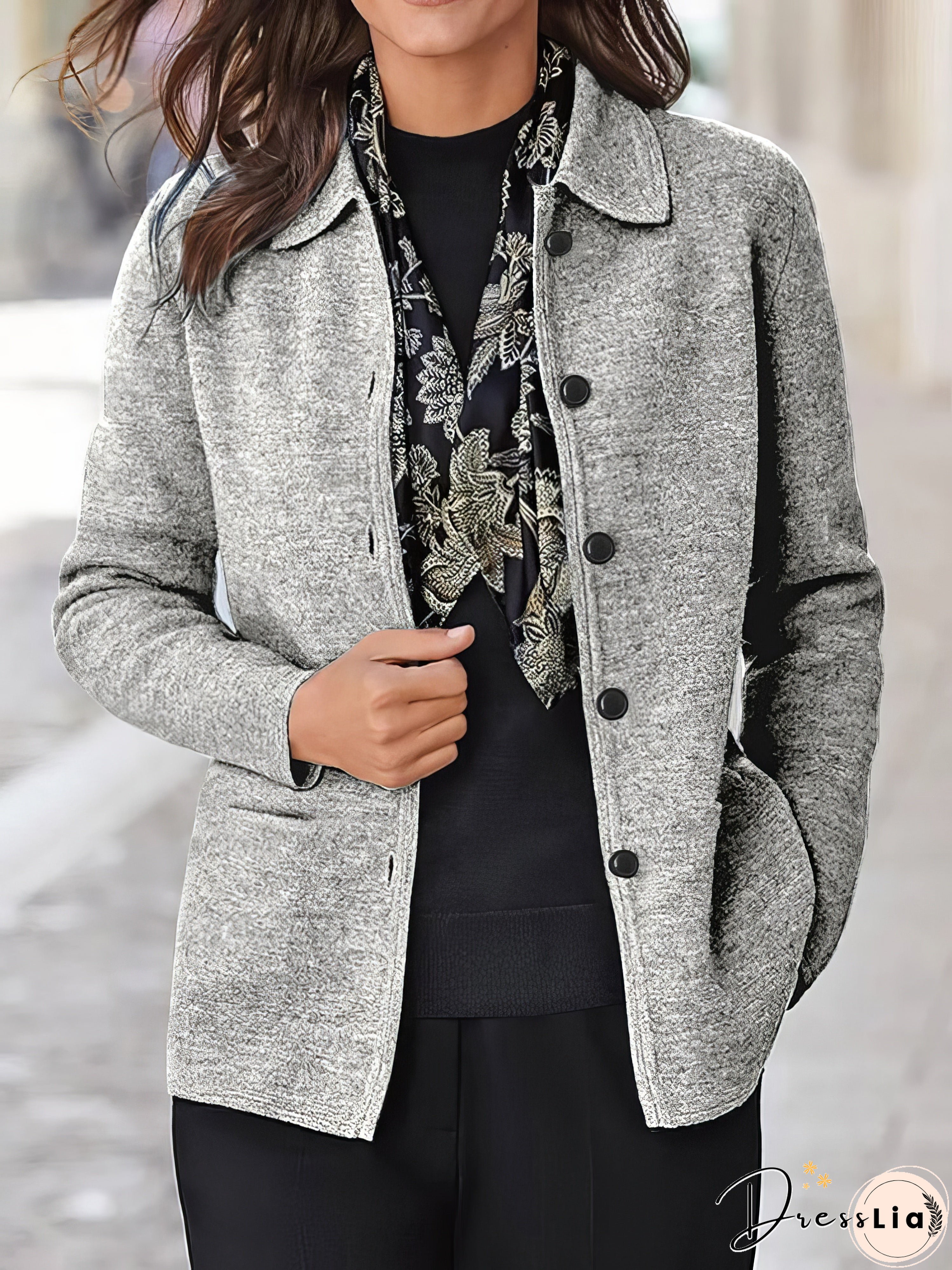 Solid Button Pocket Lapel Long Sleeve Jacket