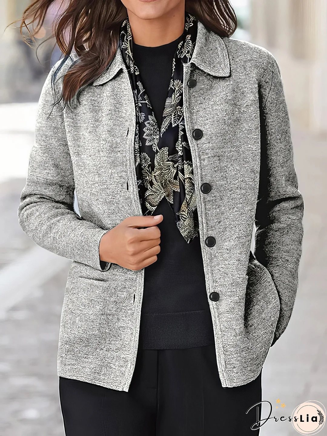Solid Button Pocket Lapel Long Sleeve Jacket