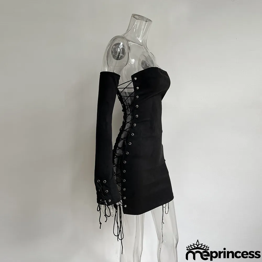 Summer Solid Color Strapless Lace-Up Club Dress With Sleeves