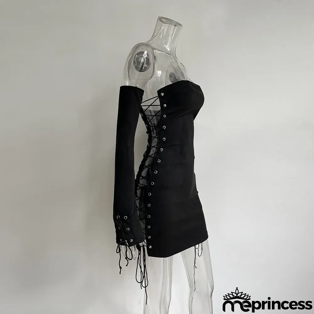 Summer Solid Color Strapless Lace-Up Club Dress With Sleeves