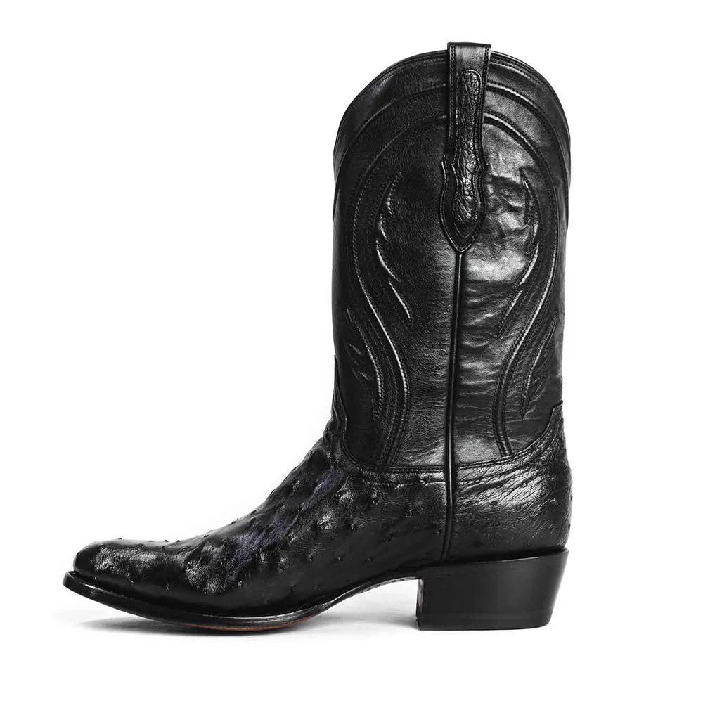 YDN Black Ostrich Embossed Round Toe Chunky Heel Cowgirl Boots