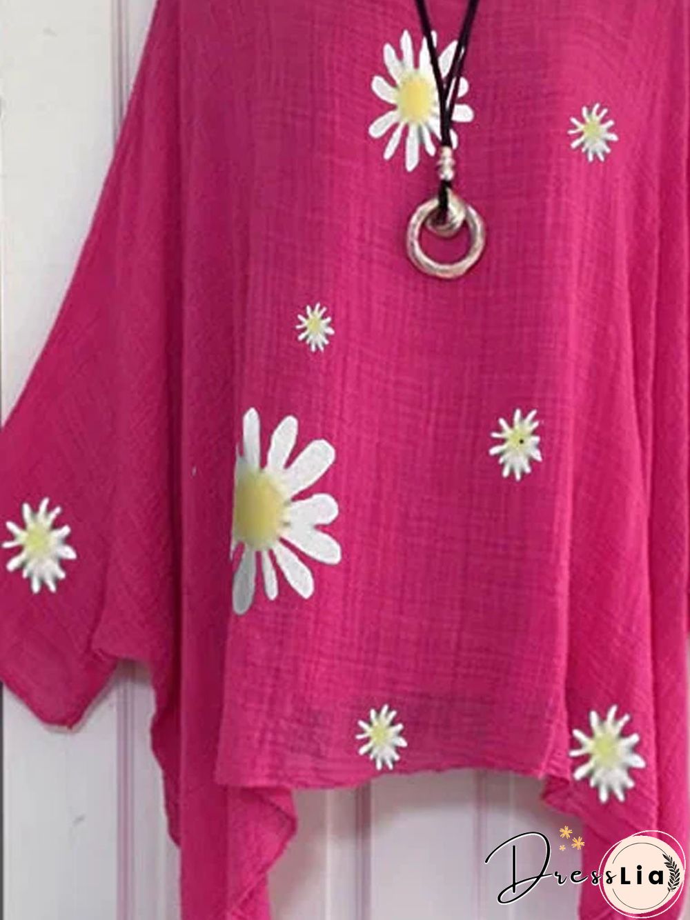 Rose Red Patchwork Round Neck 3/4 Sleeve T-shirt