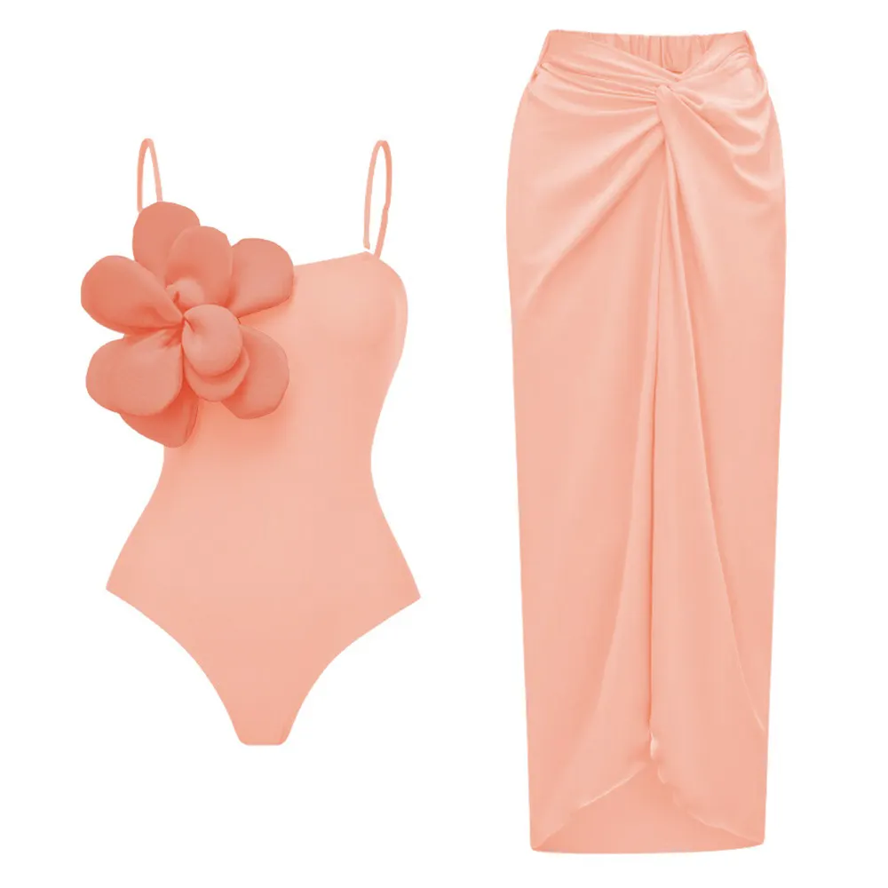 Churchf Solid Color Slings With Breast-Wear Three-Dimensional Flower Sleeves In A Row Swimsuit Women's 2025 New Swimwear