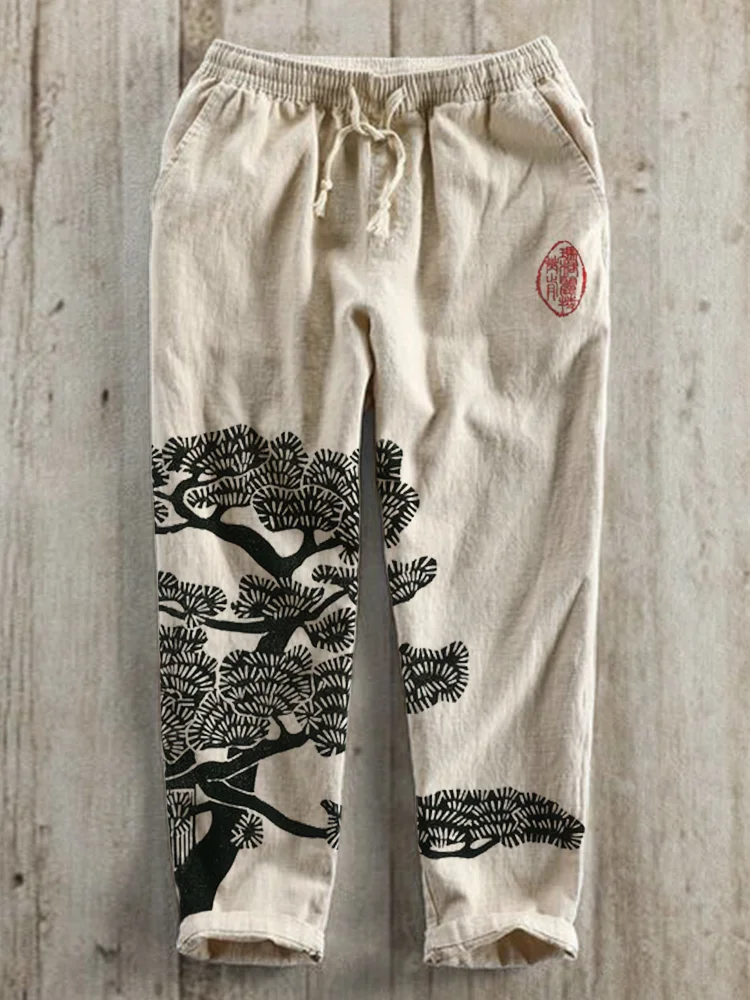 Pine Tree Japanese Lino Art Linen Blend Casual Pants