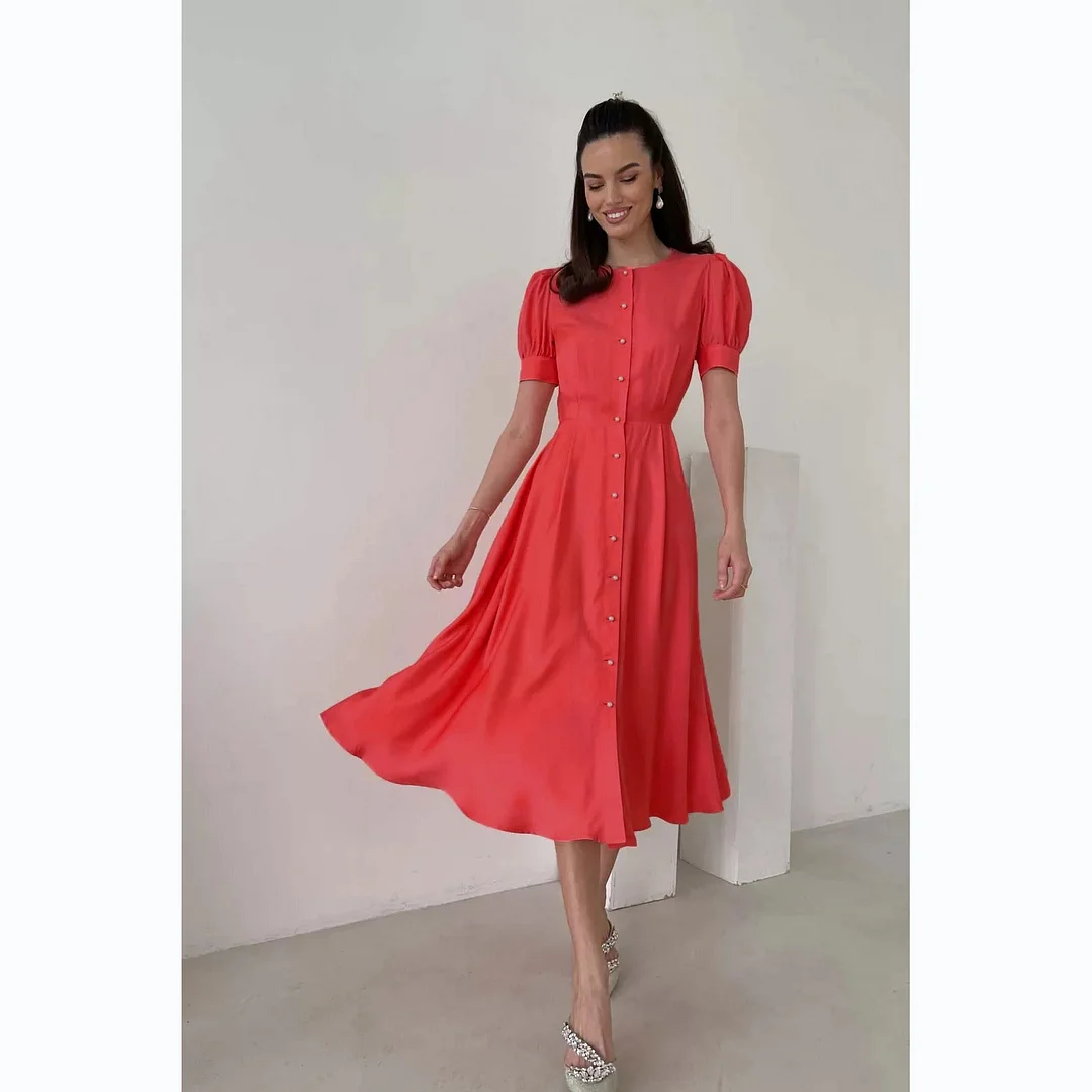 Brownm Style Summer Fashion Waist-controlled Single-breasted Commuter Dress