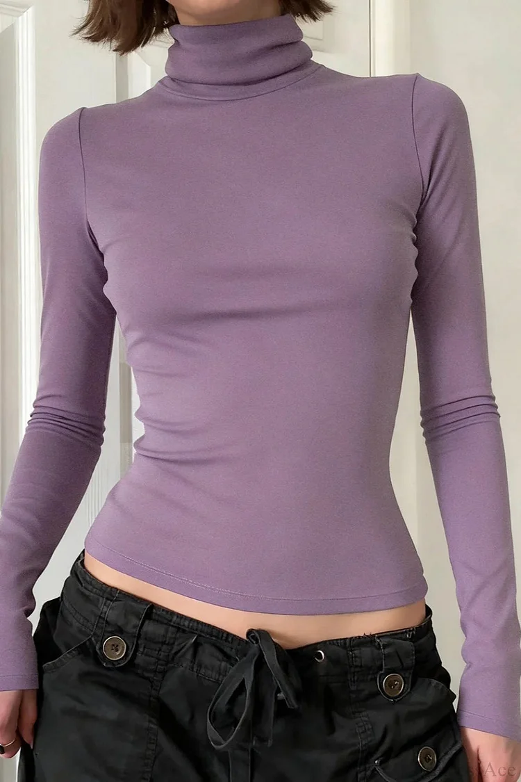 Solid Turtleneck Slim Minimalist Long Sleeve Tee