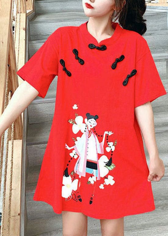 Chinese Style Red Stand Collar Print Vacation Dress Short Sleeve CK973- Fabulory