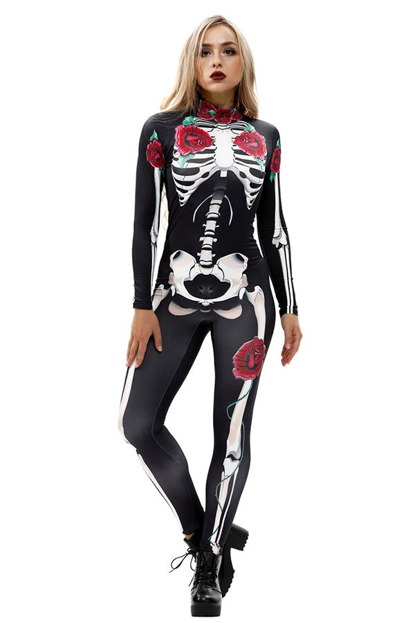 Creepy Rose Skeleton Print Halloween Costume Bodycon Jumpsuit Red-elleschic
