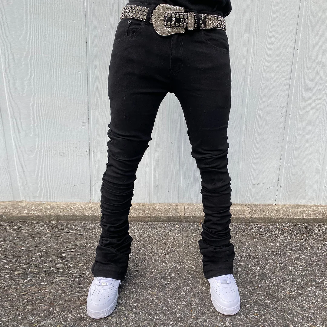 Fashion solid color casual straight hole street style trousers