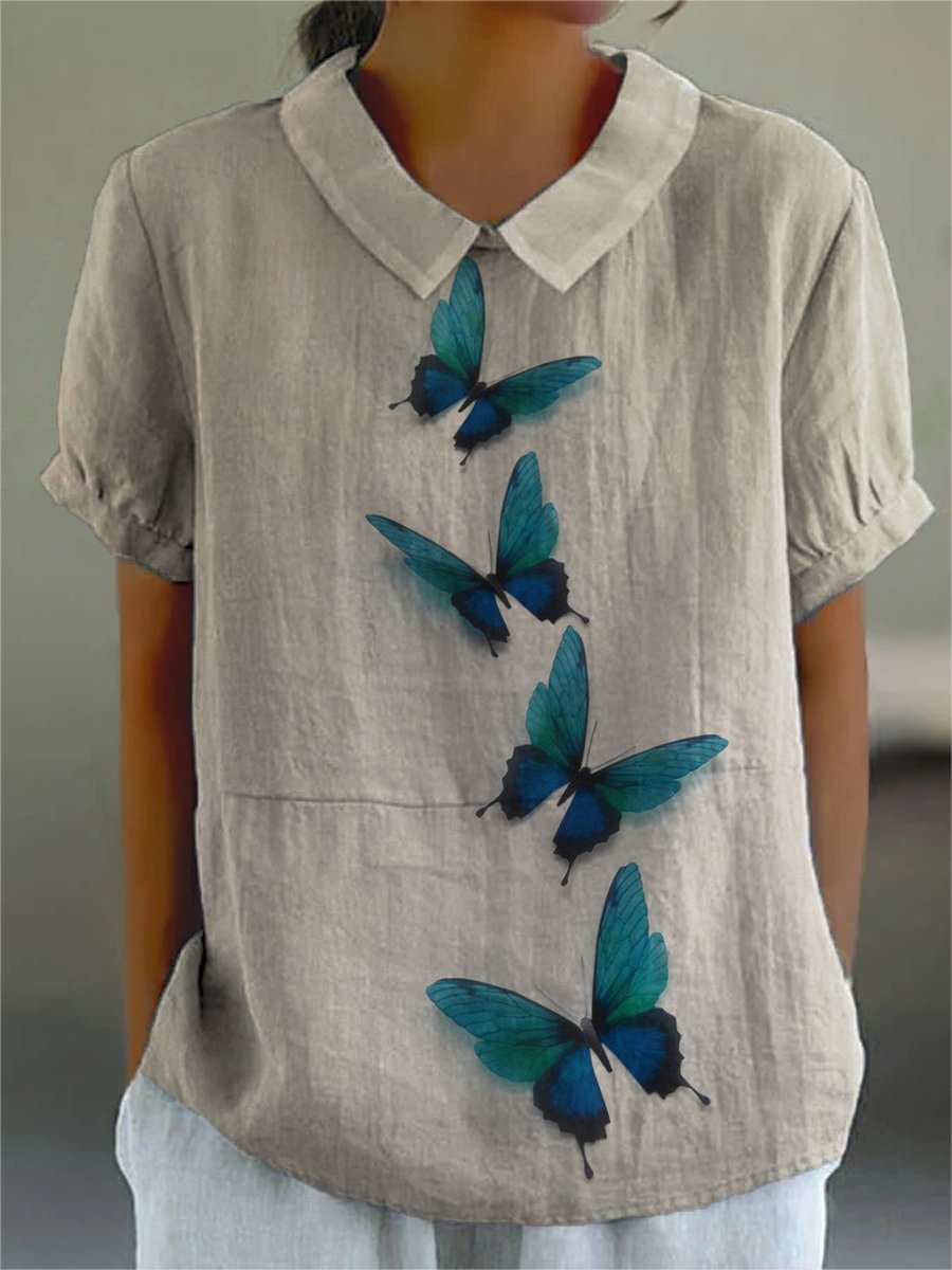 Women's Beautiful Blue Butterfly Print Casual Cotton And Linen Shirt