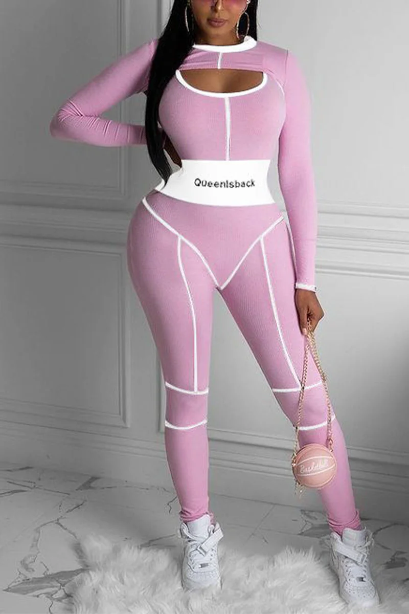 Pink Casual Striped Embroidered Patchwork O Neck Long Sleeve Two Pieces | EGEMISS