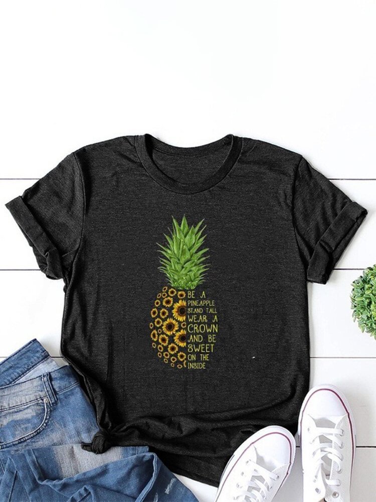 Pineapple Sunflower Printed Letters O neck Short Sleeve T shirt P1720746