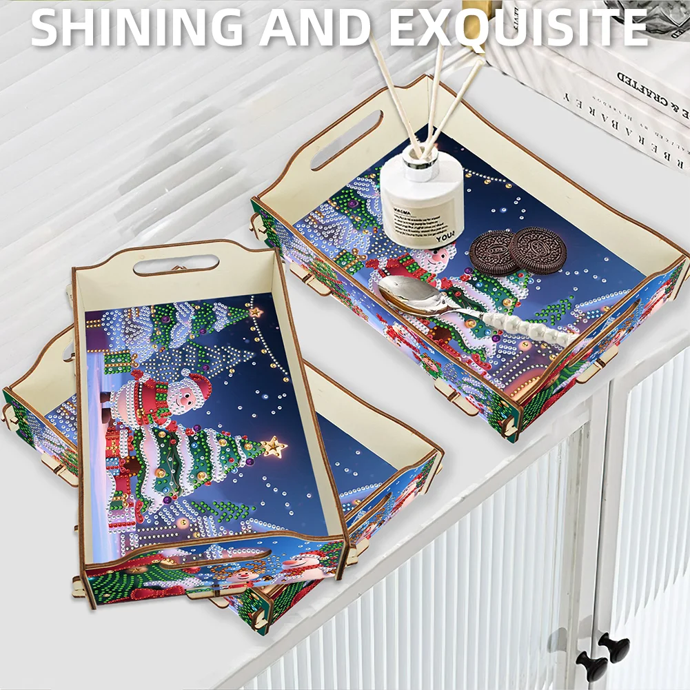 5D DIY Christmas Tree Diamond Painting Serving Tray with Handle for Coffee Table