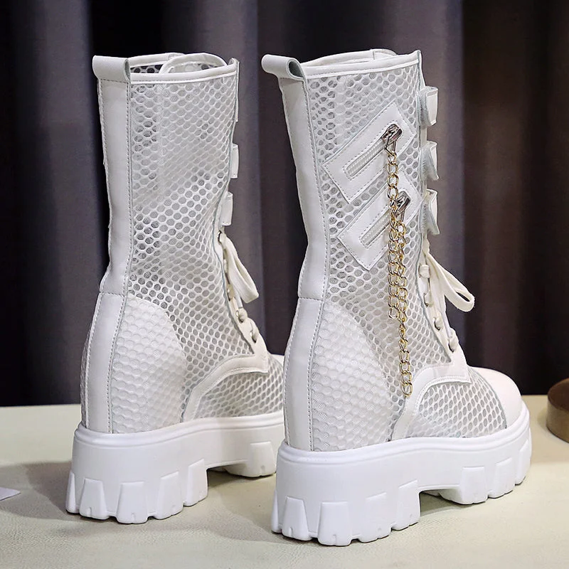 Chunky Platform Motorcycle Boots Women 2022 Summer Breathable Air Mesh Mid Calf Boots Woman Punk Height Increasing Shoes