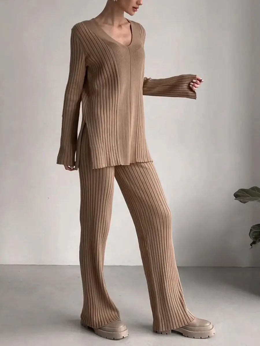 V Neck Solid Color Sweater & Straight Pants Sets