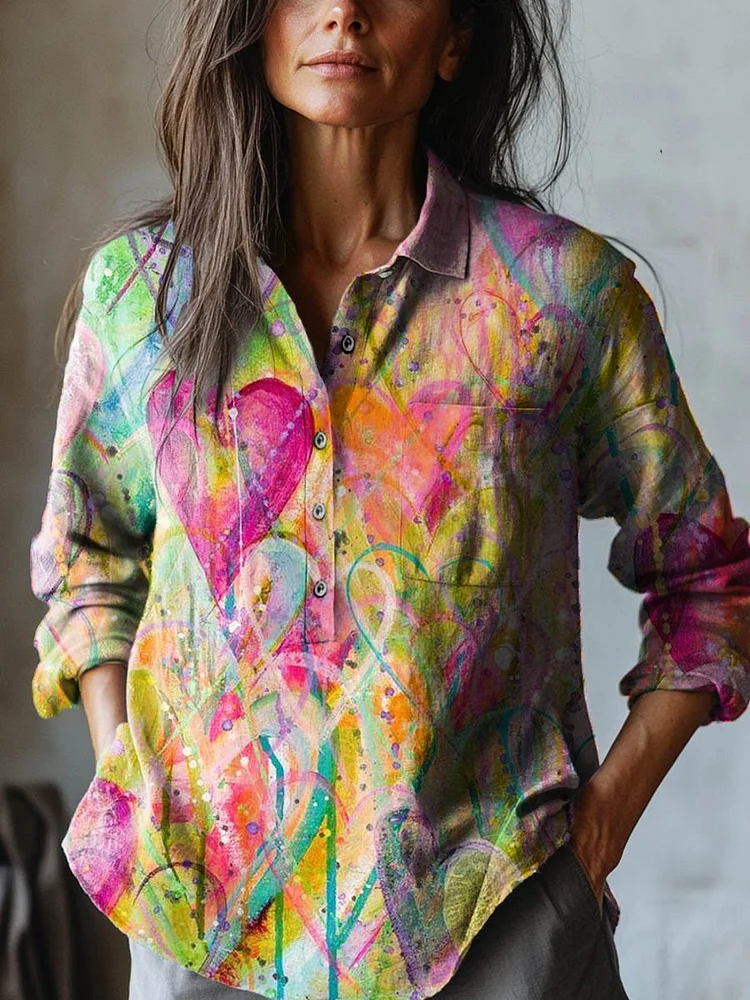 Women's Love Painting Art Print Casual Cotton And Linen Shirt