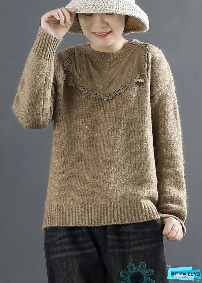 Women Coffee Top Patchwork Casual Sweaters
