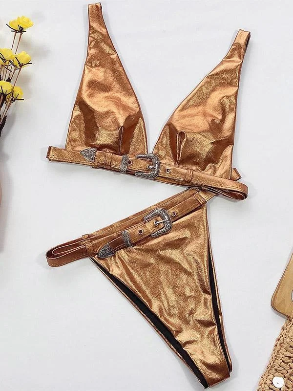 Wet Look Bronze Belted Embellished Split Bikini Swimsuit