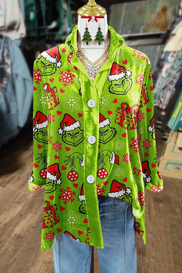 Velvet Grinch Print Long Sleeve Top